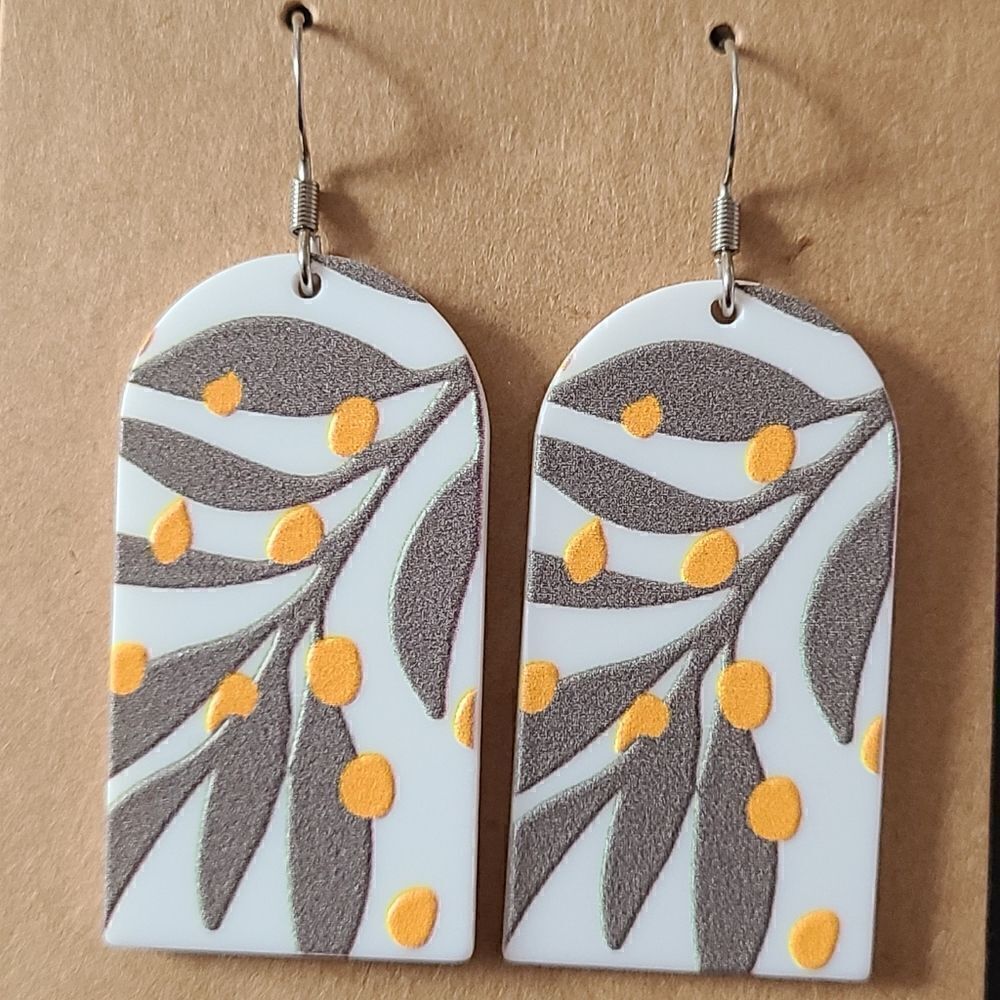 Abstract Plant Print Dangle Earrings on Surgical Steel Hooks